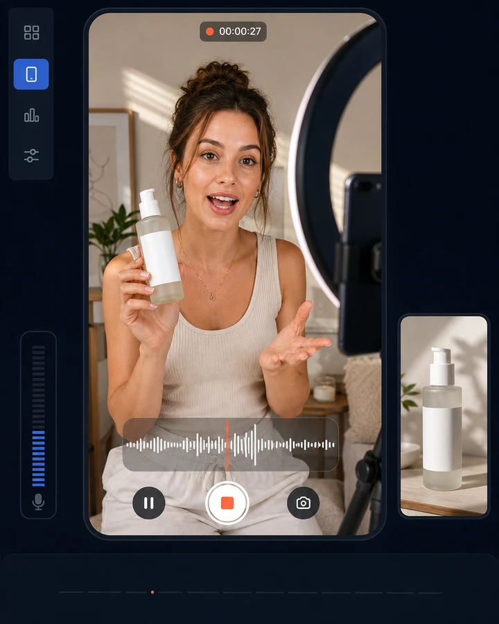 CreatorStudio UGC Studio combining a spokesperson, product, and talking video