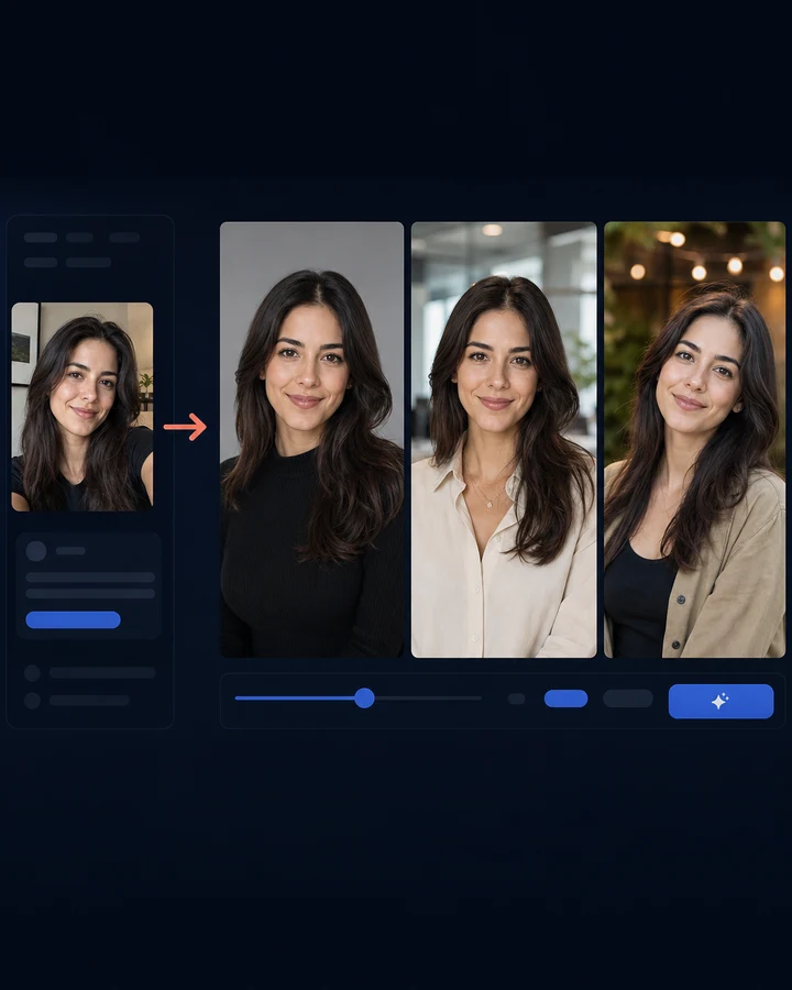 Imager headshot batch workflow using three references to create coordinated portraits