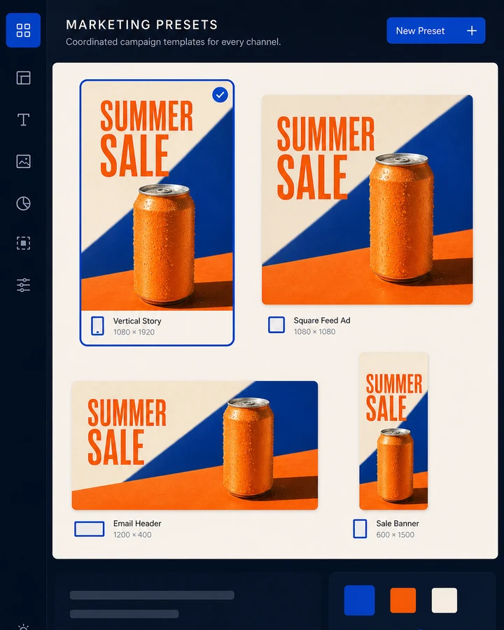 Imager Marketing Presets showing one product campaign adapted to story, feed, email, and sale formats