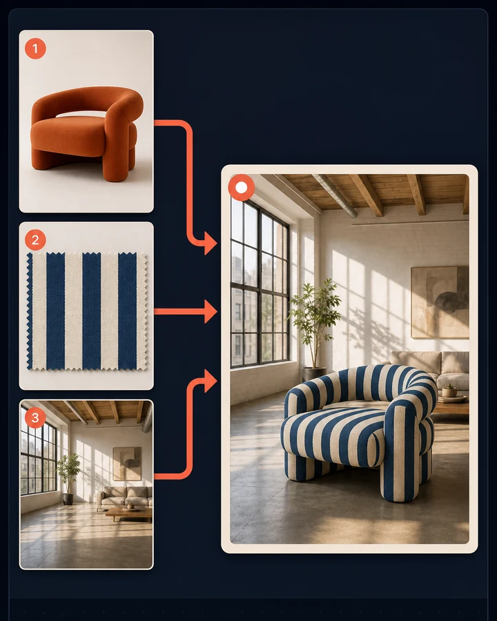 Imager Multi-Image Reference Transfer composing furniture, pattern, and room references into one result