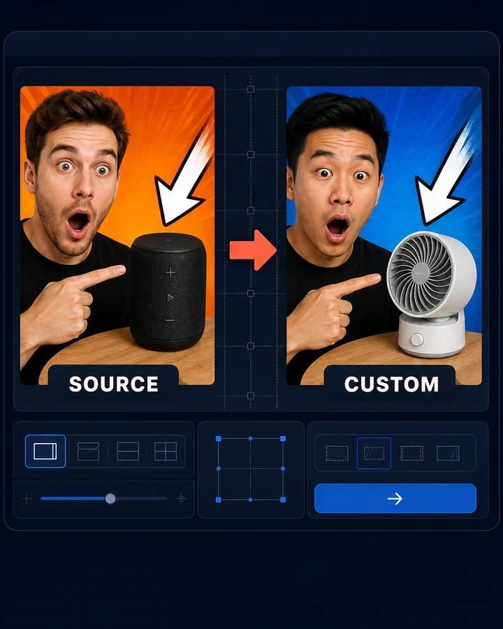 Imager Thumbnail Cloner replacing a person and product while preserving the source composition
