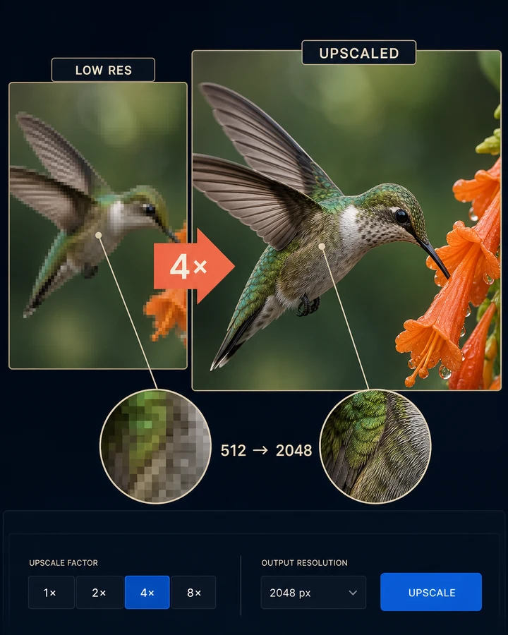 Imager Image Upscaler comparing original and four-times enhanced detail